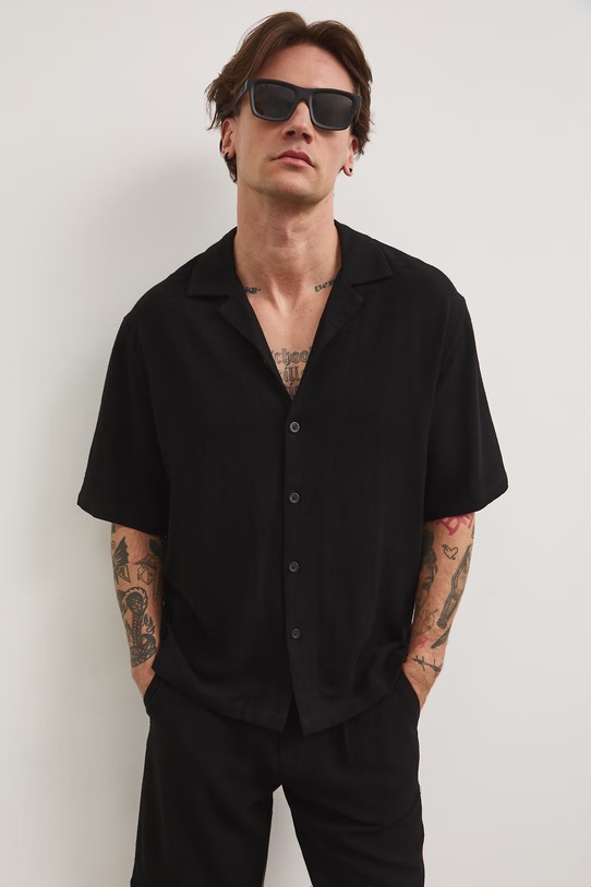 Koszula męska z lnem RS26-KKM821 czarny RS26