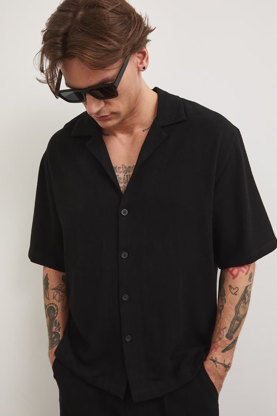 Koszula męska z lnem czarny RS26-KKM821