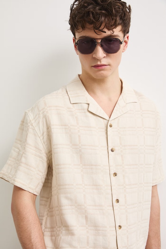 Koszula męska z lnem beżowy RS26-KKM903