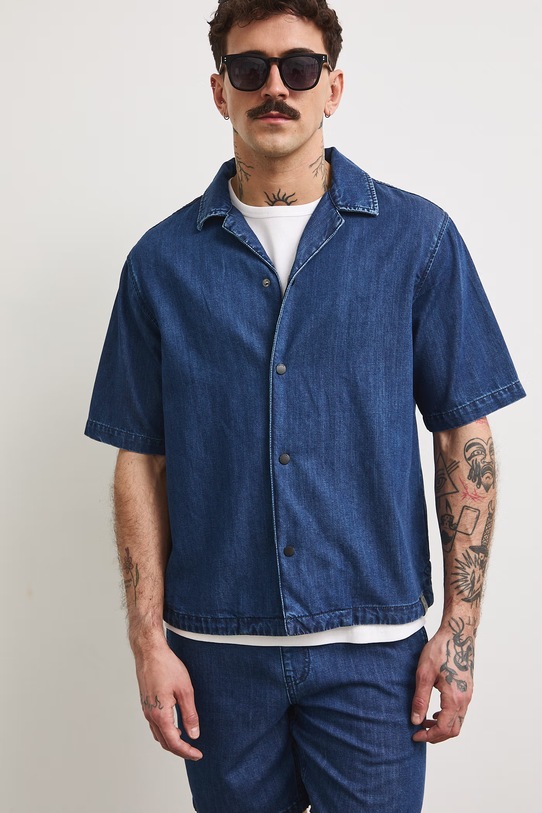 Koszula męska z lyocellem z efektem sprania granatowy RS26-KKMA22