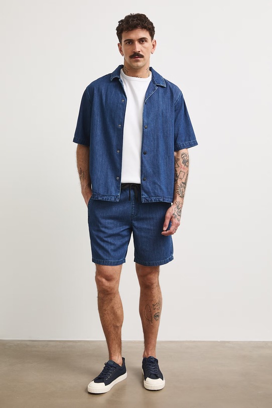 Koszula męska z lyocellem z efektem sprania granatowy RS26-KKMA22