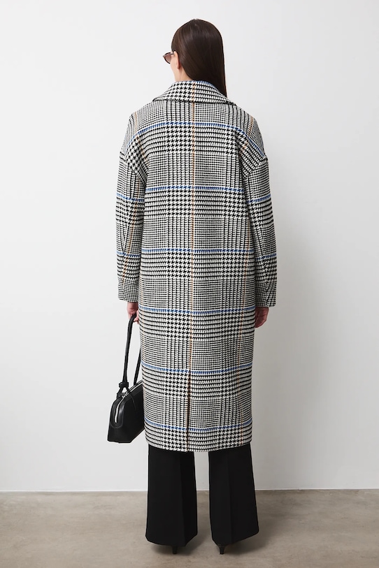 Odzież Płaszcz z domieszką wełny damski dwurzędowy w kratę RS26-KPD100 czarny