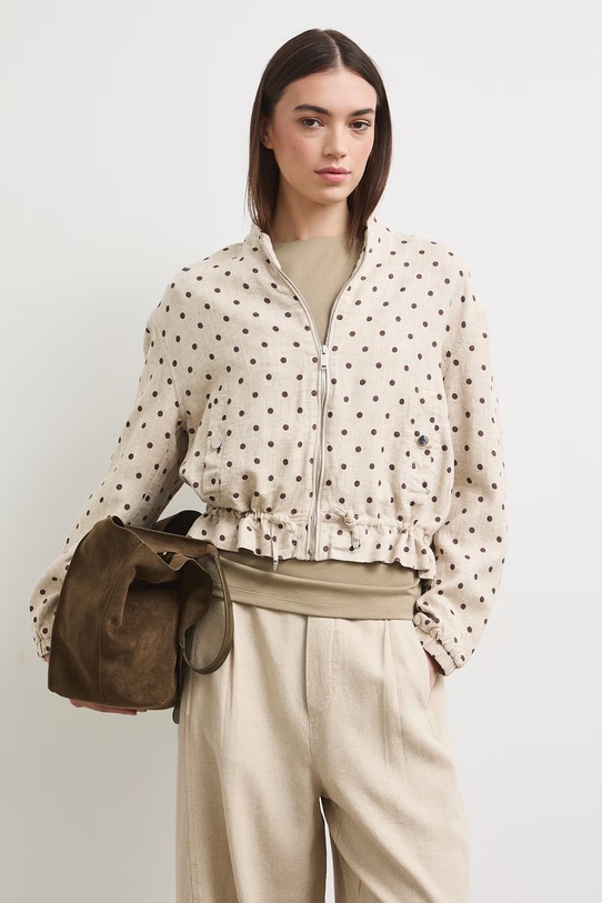 Bunda bomber dámska s ľanom s bodkovaným vzorom béžová RS26-KUD900