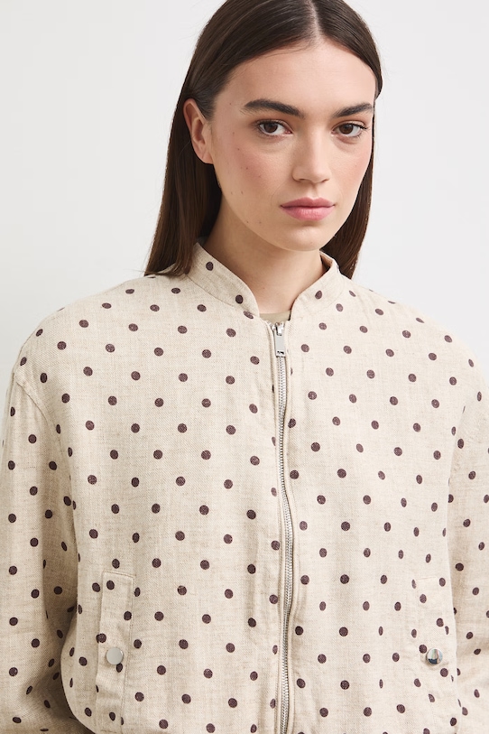Bunda bomber dámska s ľanom s bodkovaným vzorom béžová RS26-KUD900
