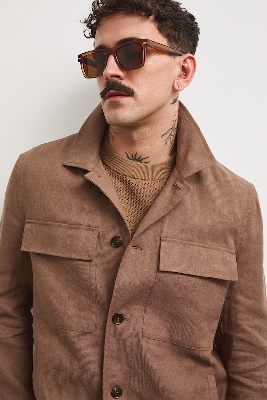 Kurtka koszulowa męska z lnem brązowy RS26-KUM910