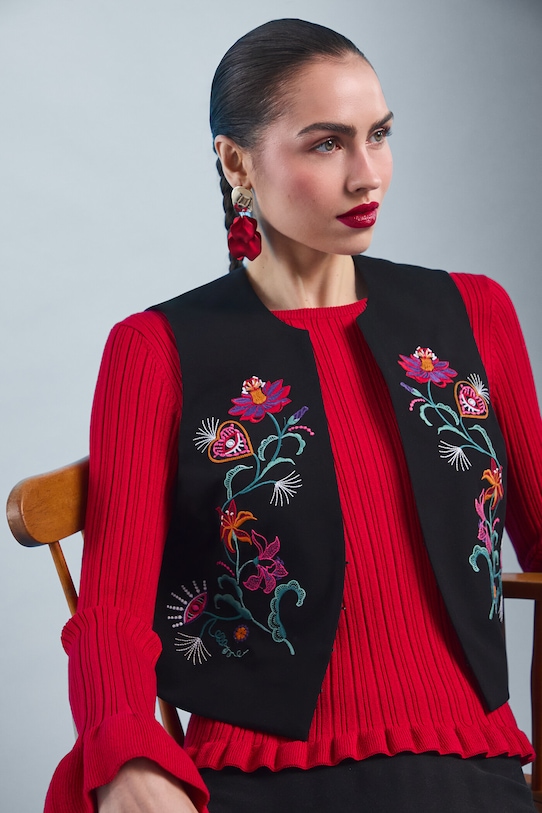 Odzież Kamizelka damska z ozdobnym haftem RS26-KZD400 czarny