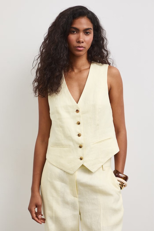 Kamizelka jednorzędowa damska lniana żółty RS26-KZD801