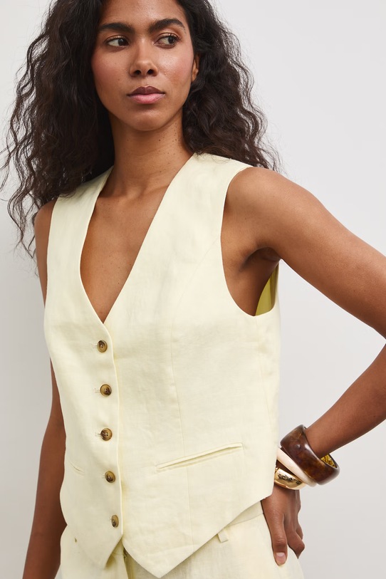 Kamizelka jednorzędowa damska lniana żółty RS26-KZD801