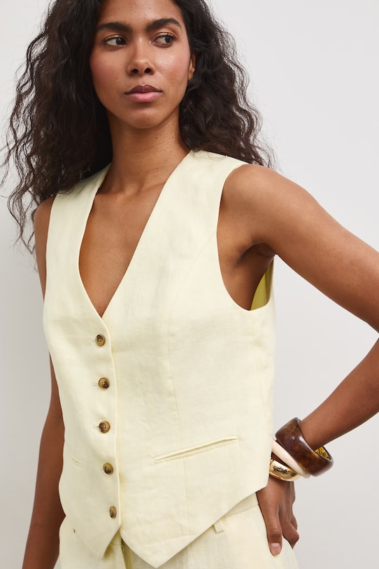 Kamizelka jednorzędowa damska lniana żółty RS26-KZD801