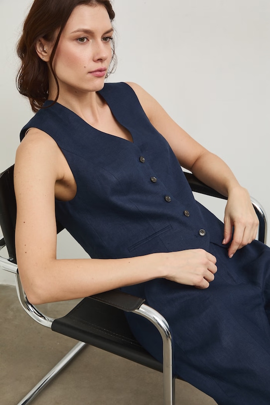 Kamizelka jednorzędowa damska lniana granatowy RS26-KZD801