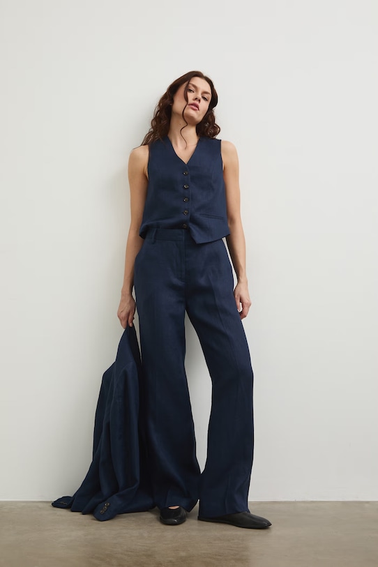 Kamizelka jednorzędowa damska lniana RS26-KZD801 granatowy RS26