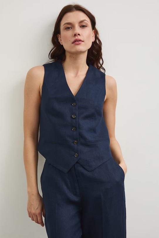 Odzież Kamizelka jednorzędowa damska lniana RS26-KZD801 granatowy