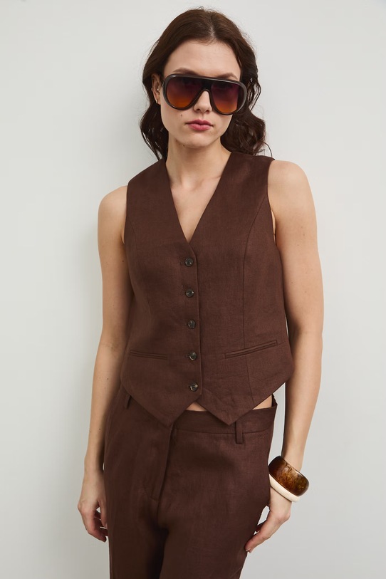 Kamizelka jednorzędowa damska lniana brązowy RS26-KZD801
