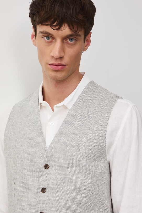 Medicine kamizelka jednorzędowa męska z domieszką lnu beżowy RS26-KZM720