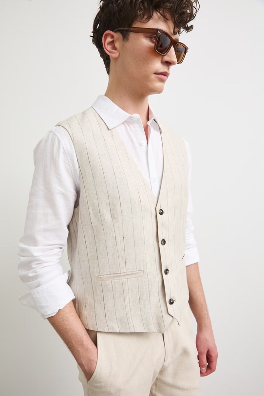 Kamizelka męska lniana w paski RS26-KZM900 beżowy RS26