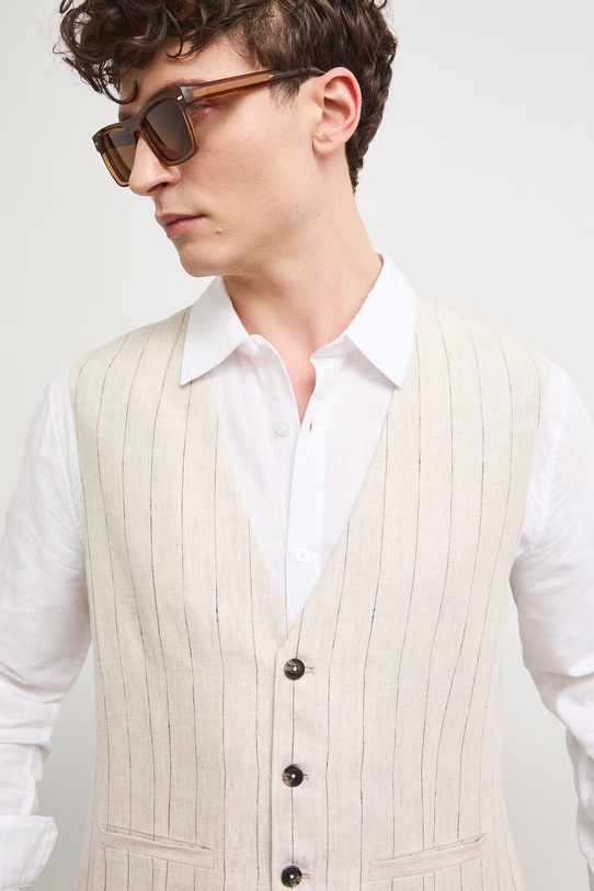 Kamizelka męska lniana w paski beżowy RS26-KZM900