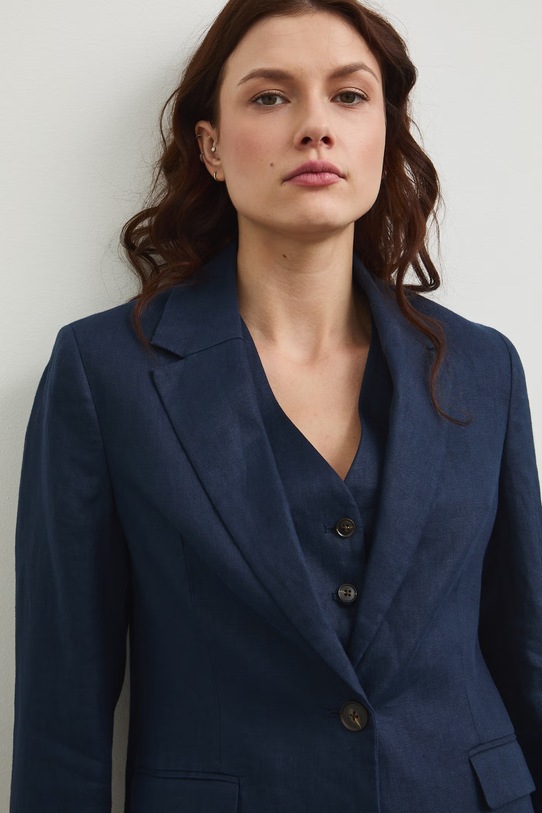 Marynarka jednorzędowa damska lniana gładka granatowy RS26-MKD800