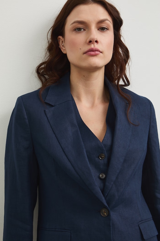 Marynarka jednorzędowa damska lniana gładka granatowy RS26-MKD800