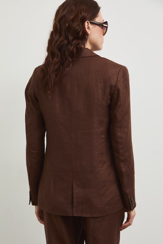 Odzież Marynarka jednorzędowa damska lniana gładka RS26-MKD800 brązowy
