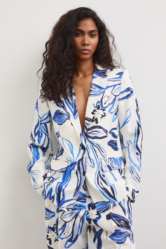 Marynarka jednorzędowa damska z dodatkiem lnu beżowy RS26-MKD801