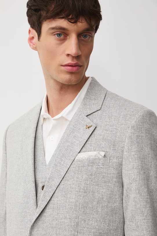 Medicine marynarka jednorzędowa męska z domieszką lnu beżowy RS26-MKM720