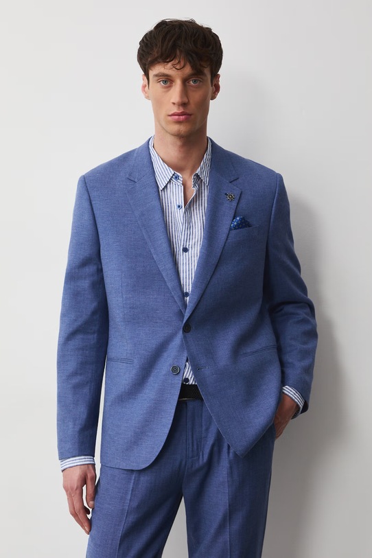 Marynarka jednorzędowa męska z lnem niebieski RS26-MKM721