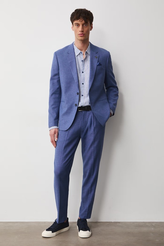 Marynarka jednorzędowa męska z lnem RS26-MKM721 niebieski RS26