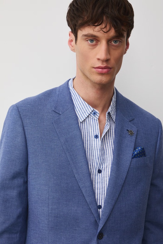 Marynarka jednorzędowa męska z lnem niebieski RS26-MKM721