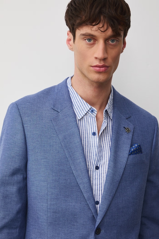 Marynarka jednorzędowa męska z lnem niebieski RS26-MKM721