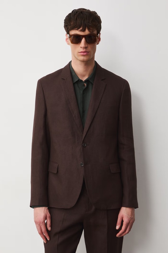 Marynarka jednorzędowa męska lniana gładka brązowy RS26-MKM722