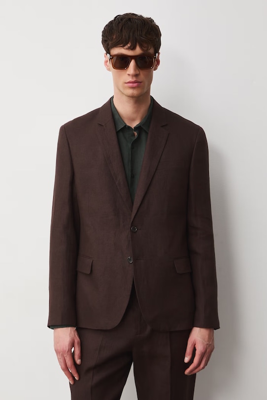 Marynarka jednorzędowa męska lniana gładka brązowy RS26-MKM722