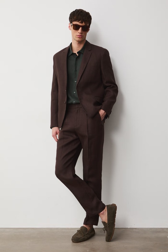 Marynarka jednorzędowa męska lniana gładka RS26-MKM722 brązowy RS26