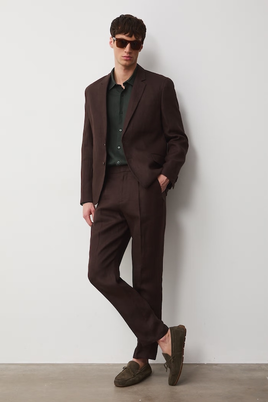 Marynarka jednorzędowa męska lniana gładka RS26-MKM722 brązowy RS26