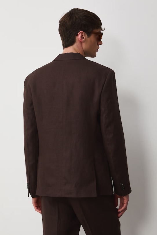 Odzież Marynarka jednorzędowa męska lniana gładka RS26-MKM722 brązowy