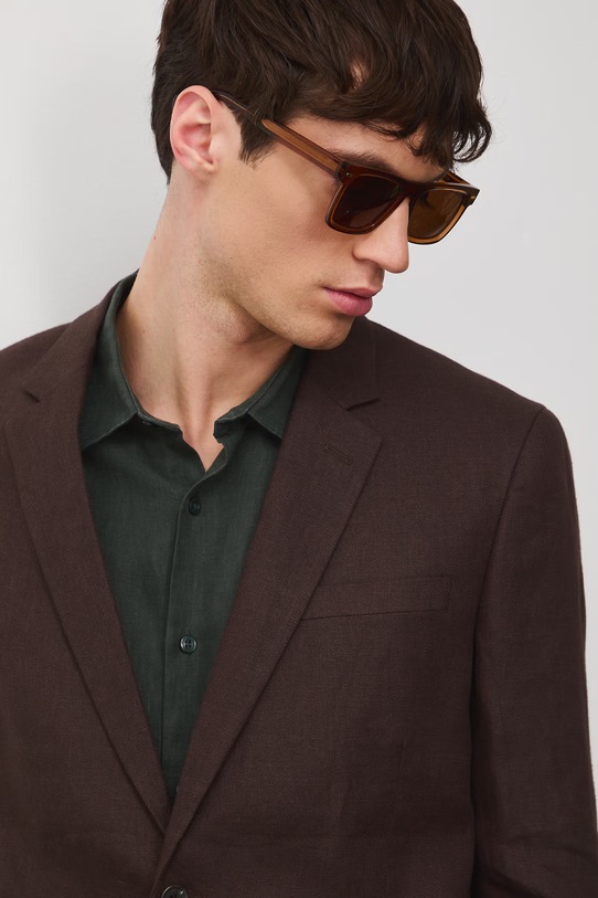 Marynarka jednorzędowa męska lniana gładka brązowy RS26-MKM722