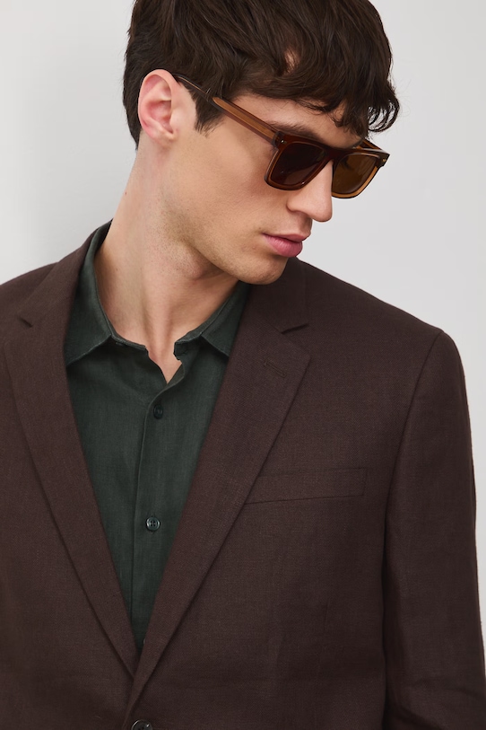 Marynarka jednorzędowa męska lniana gładka brązowy RS26-MKM722