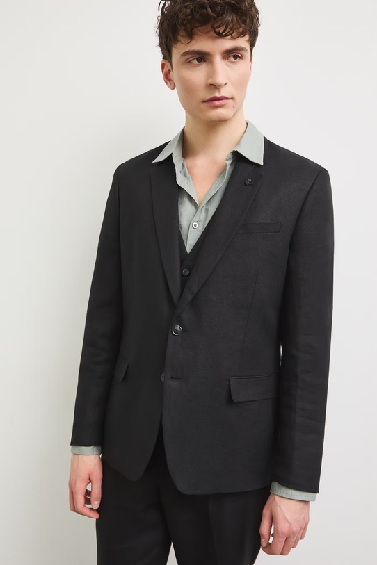 Marynarka jednorzędowa męska lniana gładka RS26-MKM921 czarny RS26