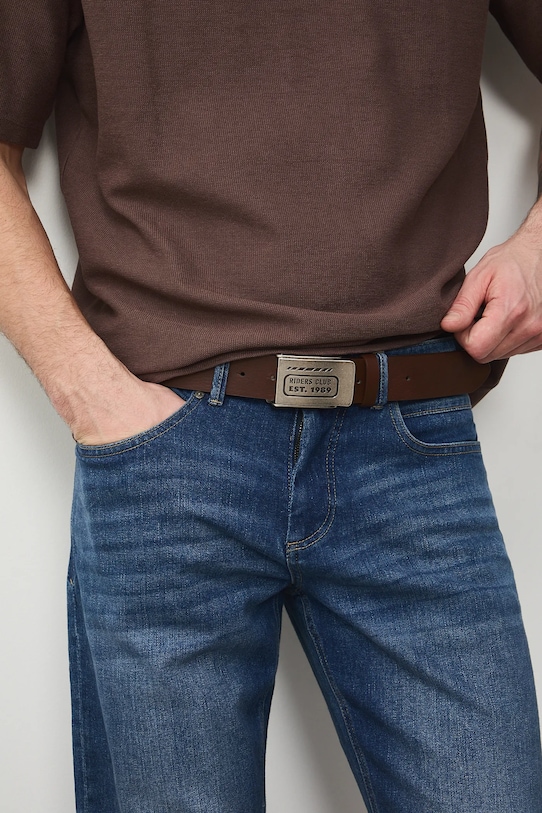 Pasek męski ze skóry ekologicznej brązowy RS26-PAM302