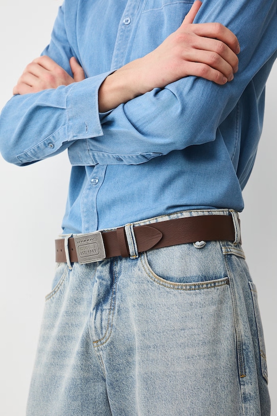 Pasek męski ze skóry ekologicznej brązowy RS26-PAM302