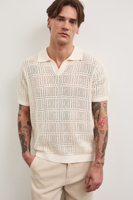 Polo swetrowe męskie ażurowe RS26-POM805 beżowy RS26