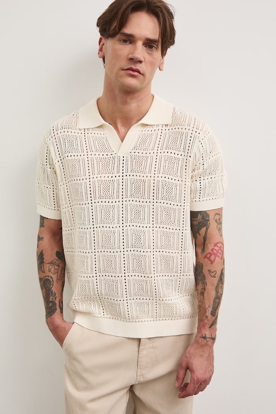 Polo swetrowe męskie ażurowe RS26-POM805 beżowy RS26