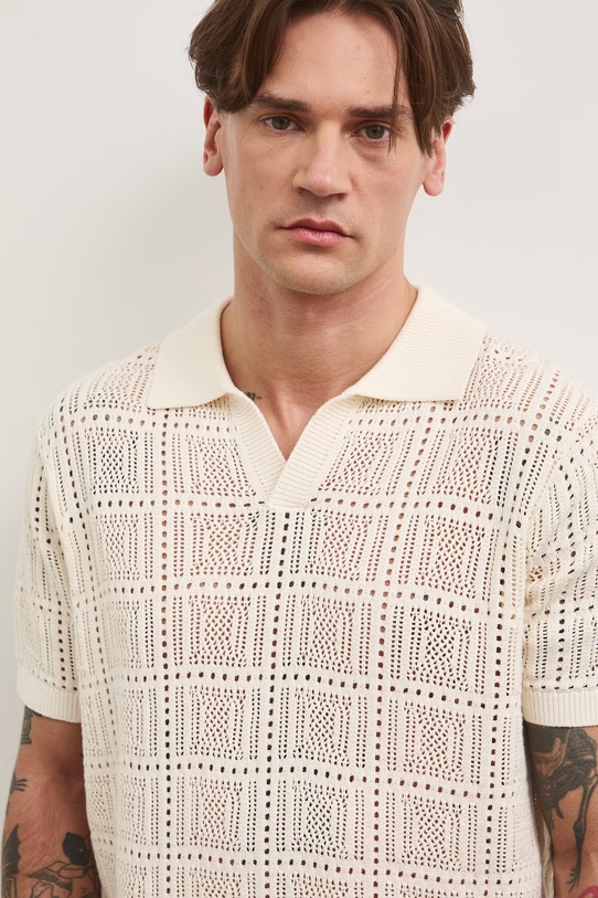 Polo swetrowe męskie ażurowe beżowy RS26-POM805