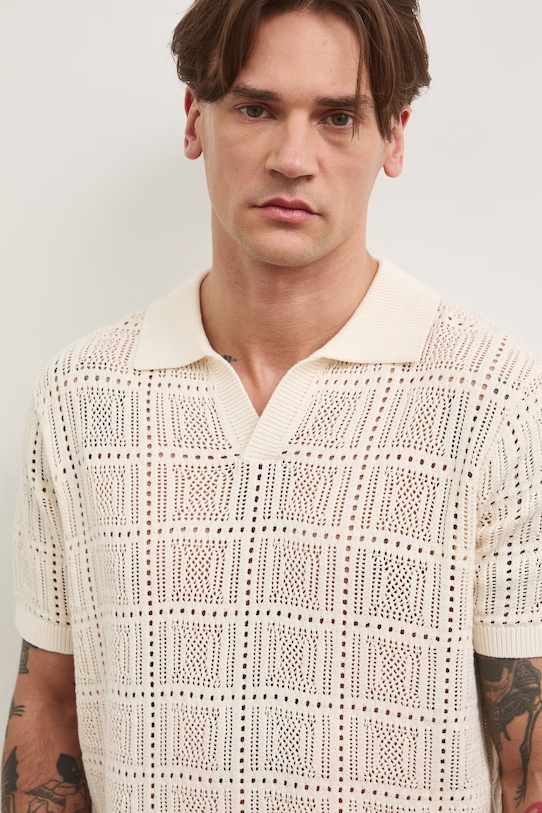 Polo swetrowe męskie ażurowe beżowy RS26-POM805