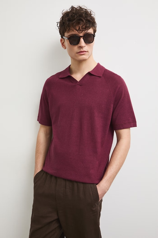 Polo męskie z lnem gładkie bordowy RS26-POM906