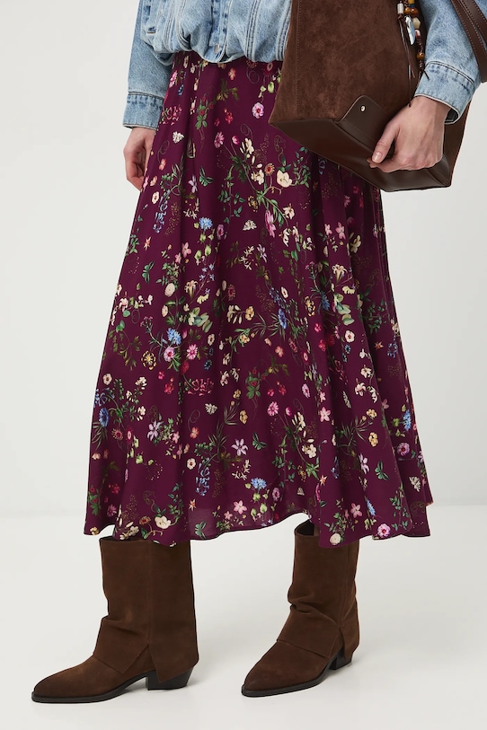 Spódnica damska midi z wiskozy w kwiaty midi bordowy RS26-SDD030