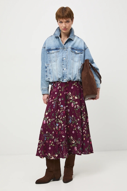 Spódnica damska midi z wiskozy w kwiaty RS26-SDD030 bordowy RS26