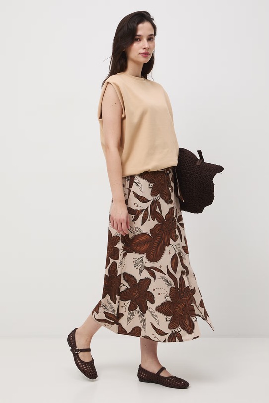 Sukňa áčkového strihu s prímesou ľanu s opaskom RS26-SDD072 béžová RS26