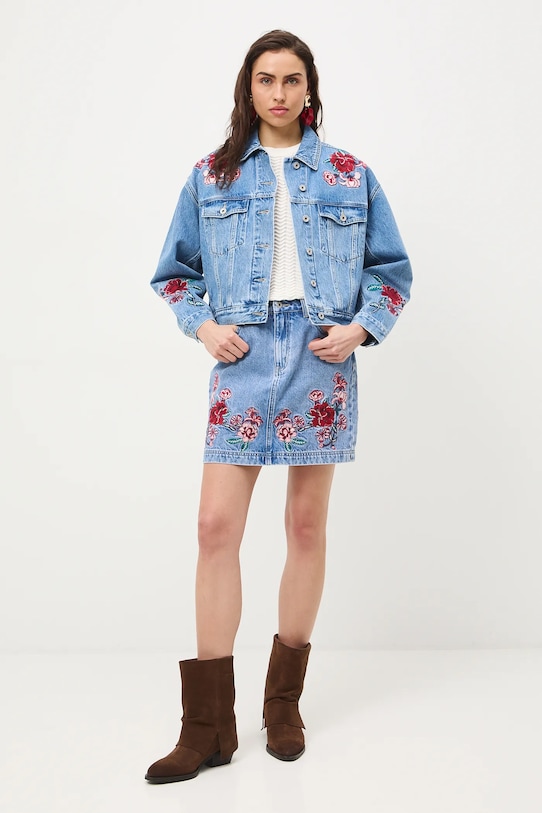 Odzież Spódnica jeansowa bawełniana damska mini z ozdobnym haftem RS26-SDD420 niebieski