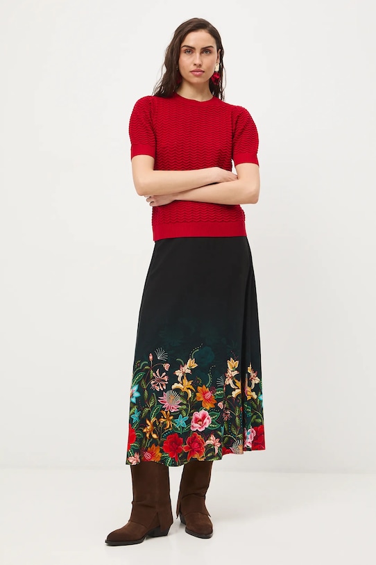 Spódnica damska maxi z wiskozy w kwiaty rozkloszowany czarny RS26-SDD427