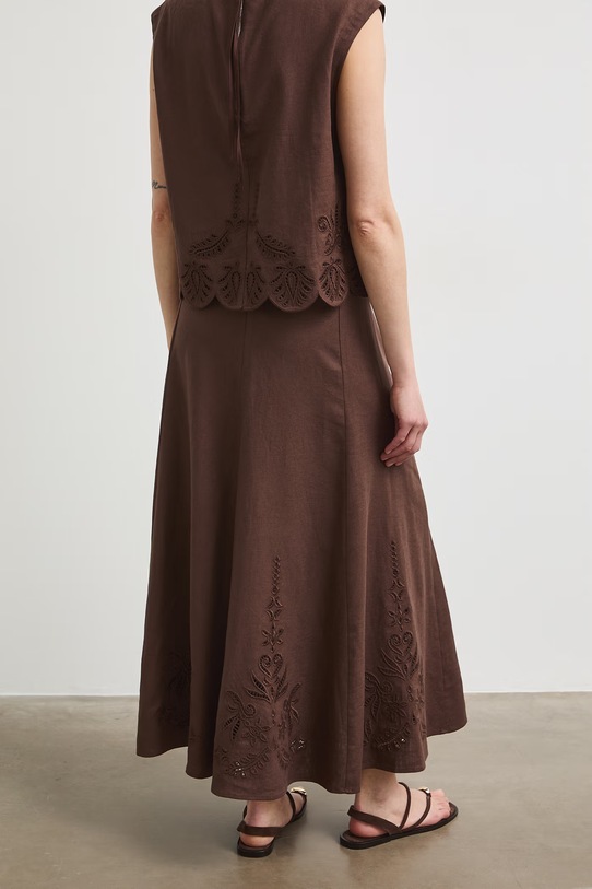 Odzież Spódnica trapezowa z lnem z haftem RS26-SDD903 brązowy